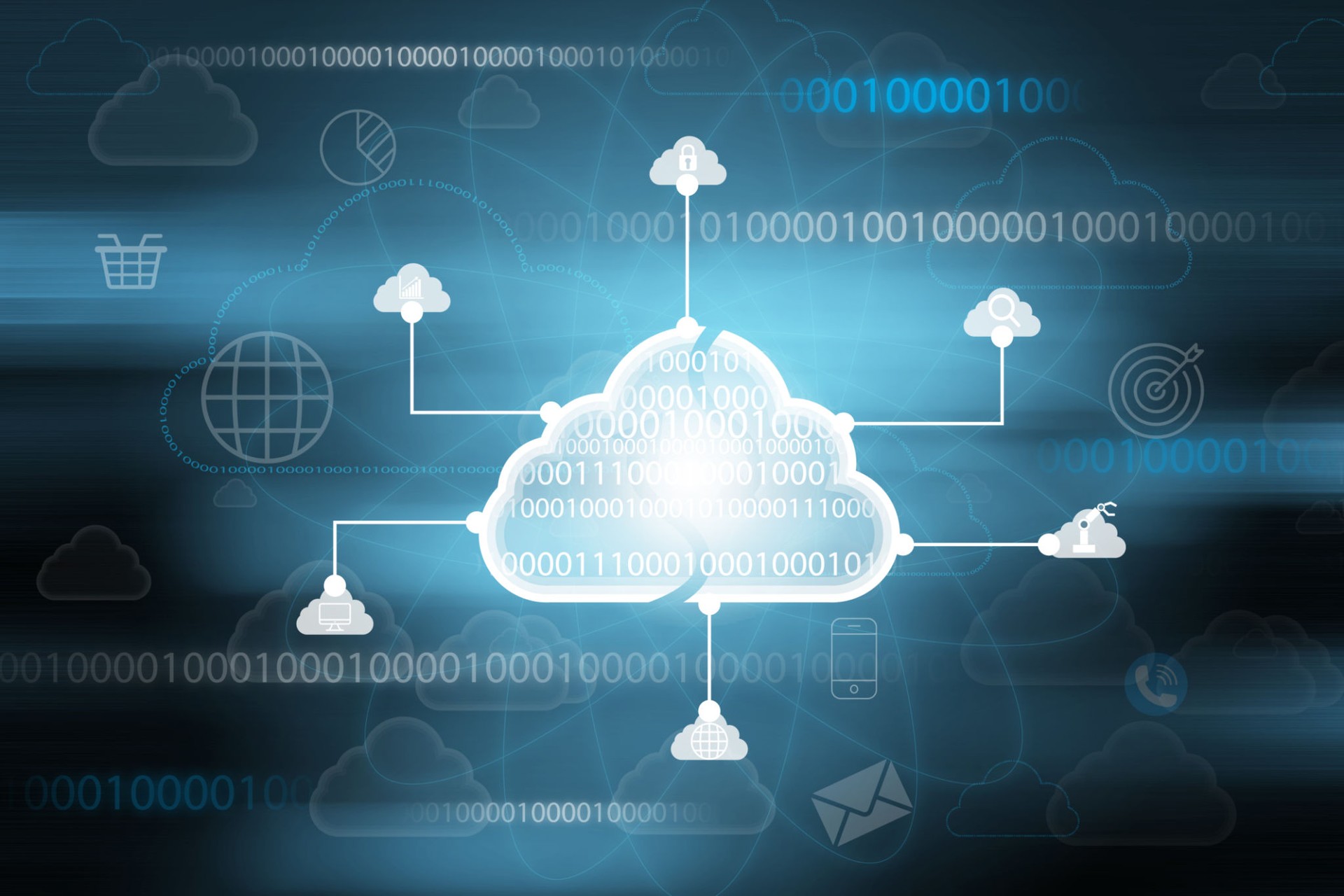 Virtual Cloud computing illustration with icon on blue background. Cloud technology system is computing sharing management for upload download  transfer electronic information and application.